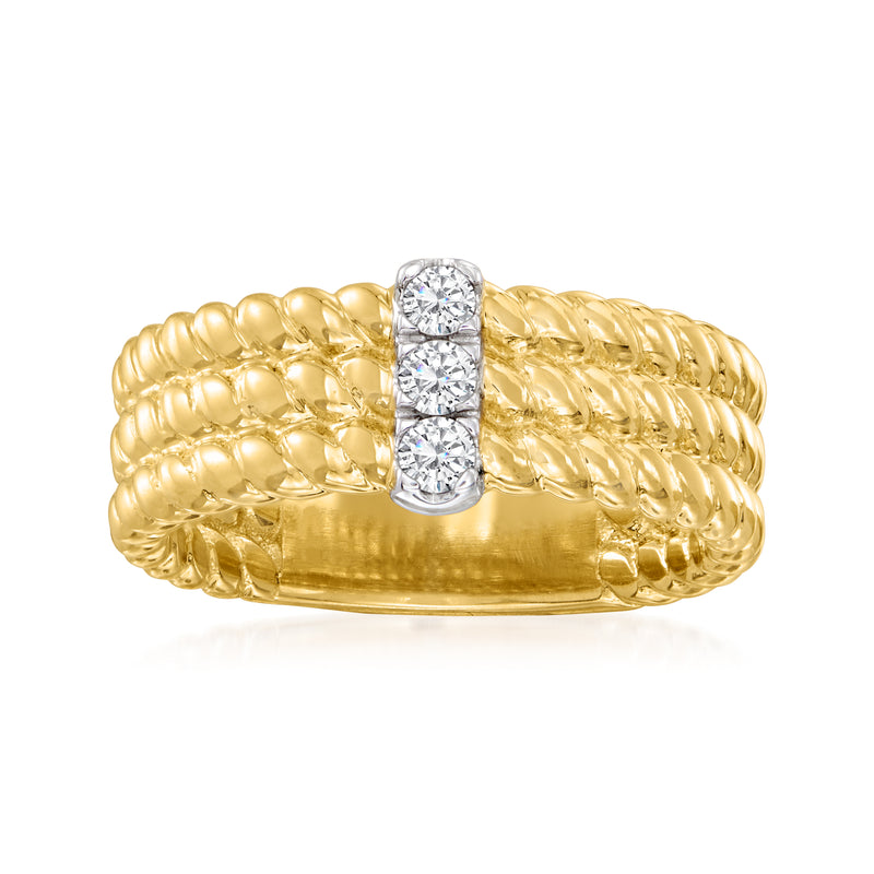 Gold over sterling three-row ring with ribbed bands and clear diamond center
