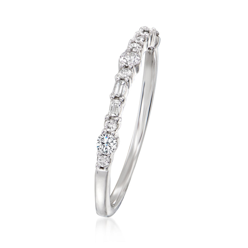 14kt white gold diamond ring with round and baguette stones, prong set