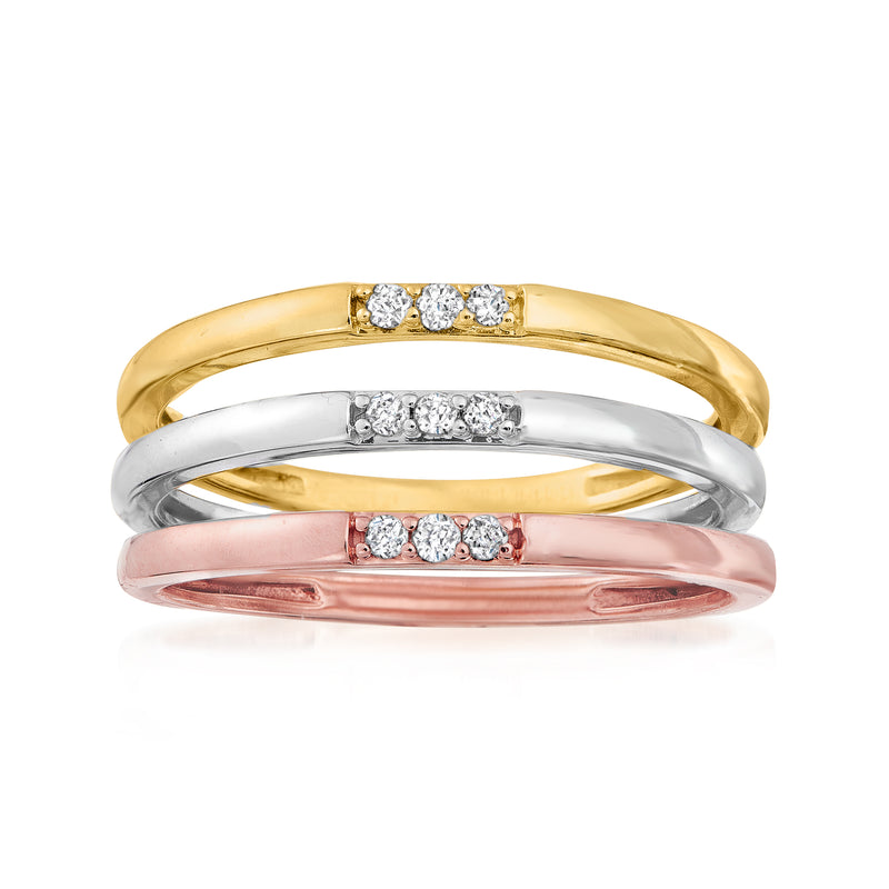 Tri-colored gold diamond stackable ring set of three with round stones