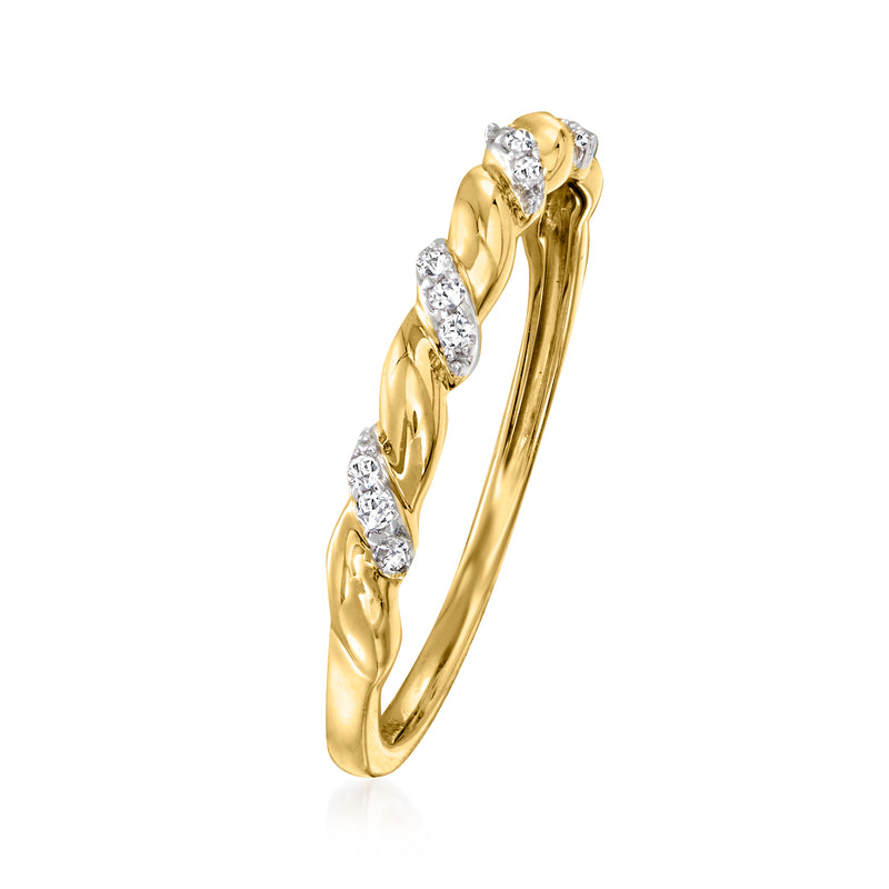 Twisted 14kt yellow gold diamond ring with three raised oval diamond stones