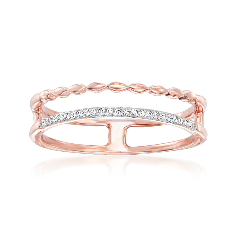 14kt rose gold two-row diamond accented ring with twisted band and arched bezel