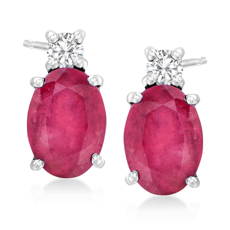 14kt white gold stud earrings with oval ruby drop and diamond cluster tops