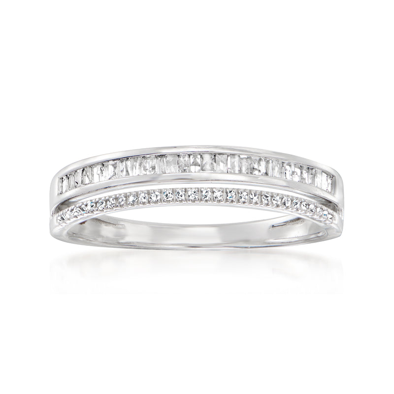 14kt white gold diamond band with rectangular baguette stones, polished, slim profile