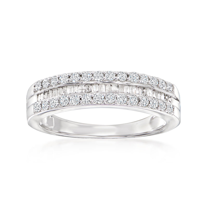 14kt white gold diamond ring with three rows and center baguette accents
