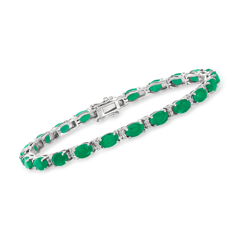 14kt white gold bracelet with oval green emeralds and small diamond accents