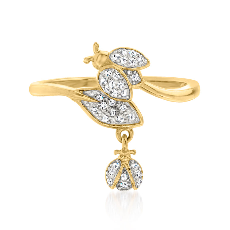 18kt gold over sterling diamond ladybug and leaf charm ring
