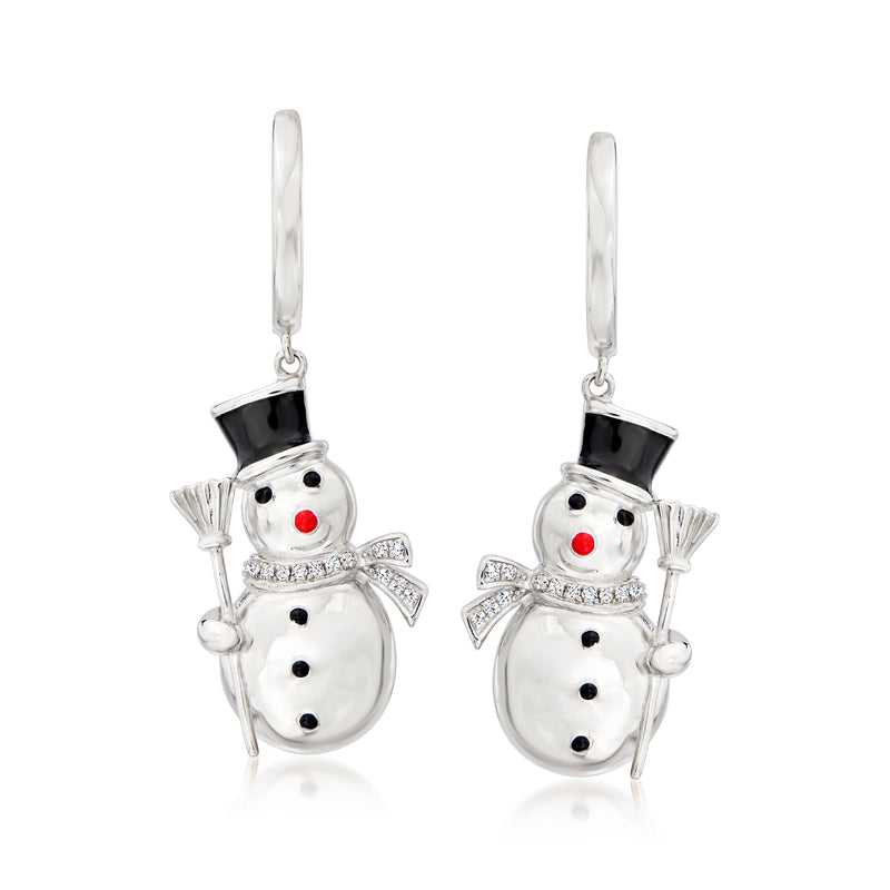 Sterling silver snowman drop earrings with red, black, and white enamel and sparkle accents