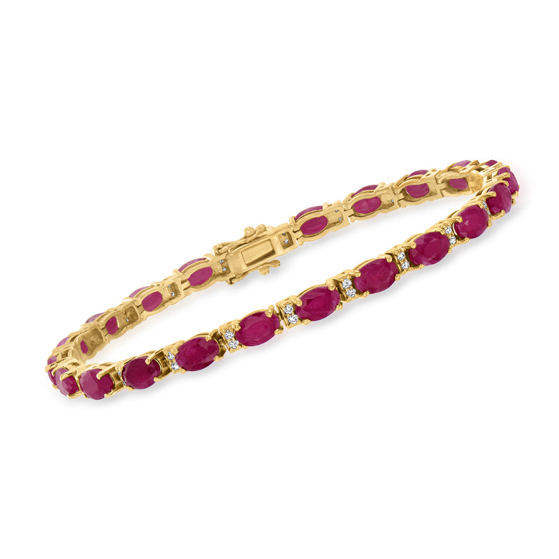 14kt yellow gold bracelet with oval ruby gemstones and small diamond accents
