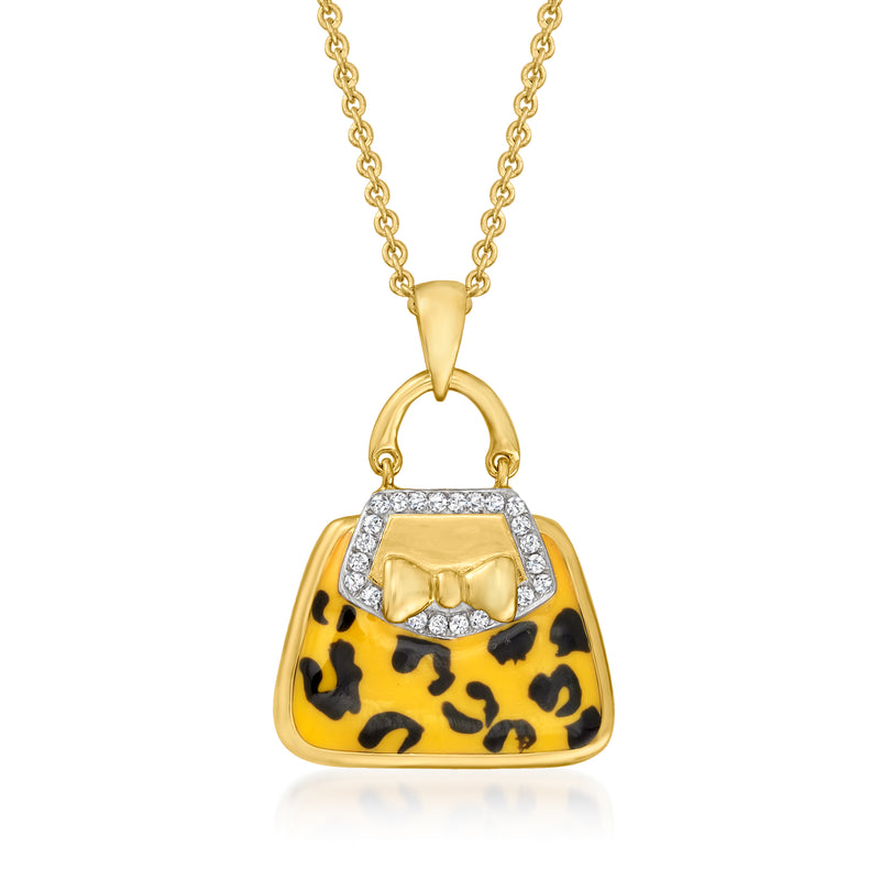 Gold-tone enamel purse pendant necklace with leopard print and diamond-like accents