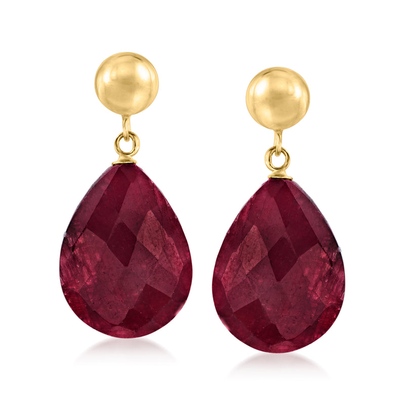 14kt yellow gold drop earrings with teardrop ruby gemstone dangles