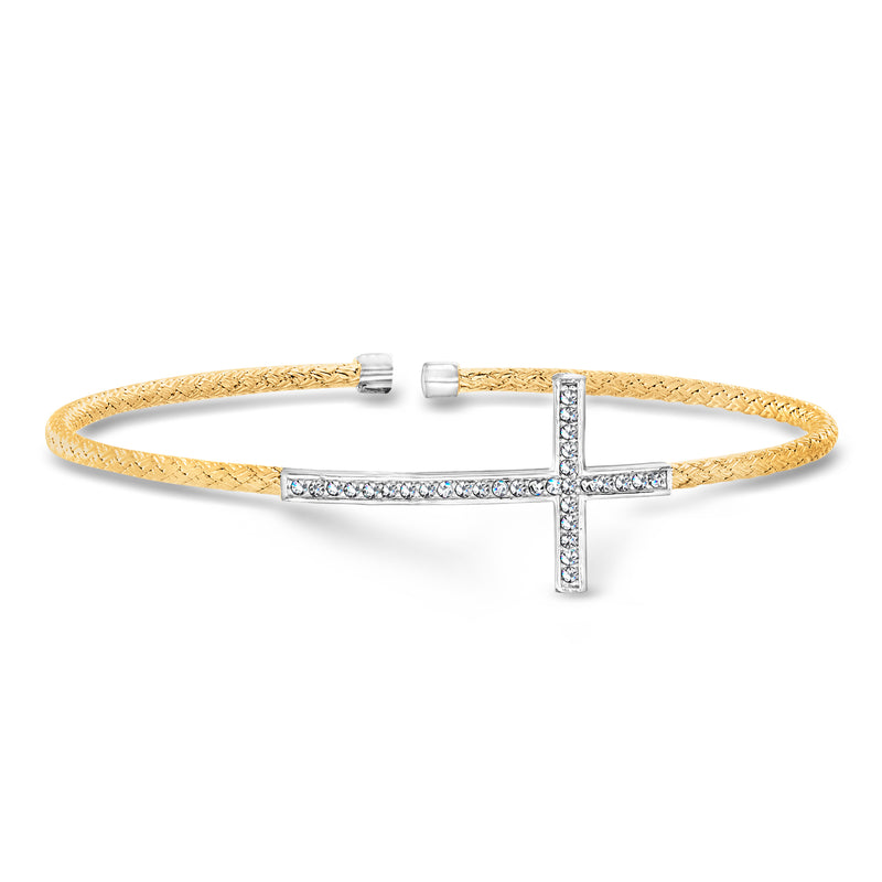 Two-tone CZ cross mesh cuff bracelet with bar and cross, silver and gold tones