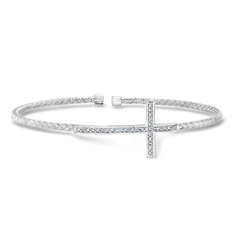 Sterling silver cross cuff bracelet with pave crystal cross centerpiece