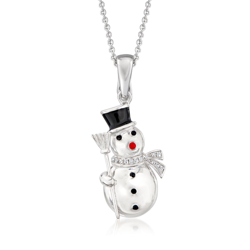 Silver snowman pendant necklace with enamel details, black hat, and diamond accents