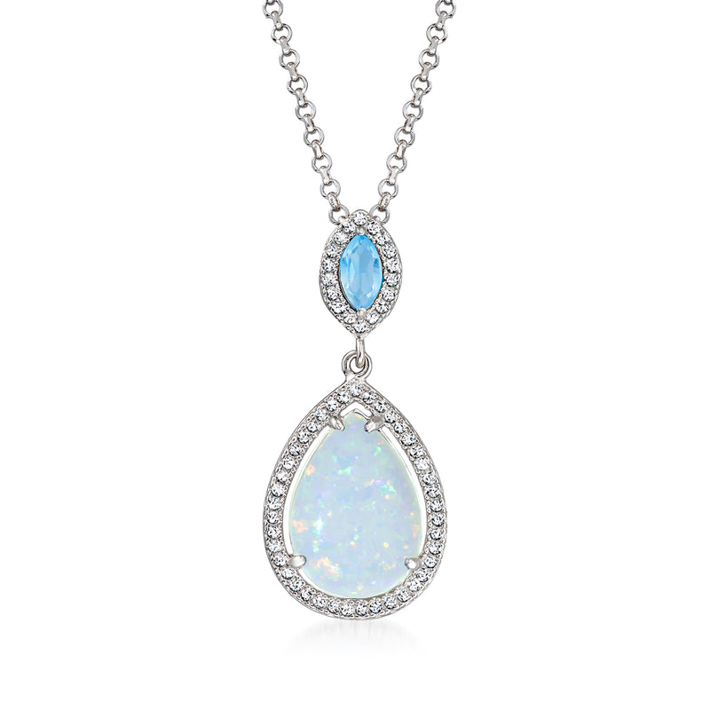Sterling silver pendant necklace with blue and opal teardrop stones and CZ accents