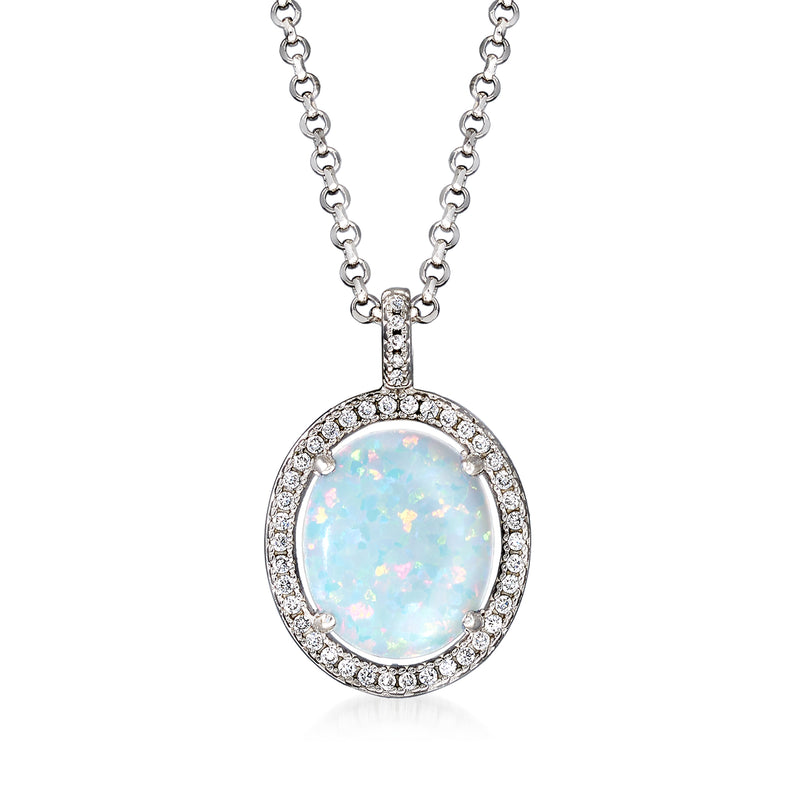 Sterling silver oval opal-color pendant necklace with CZ halo and link chain