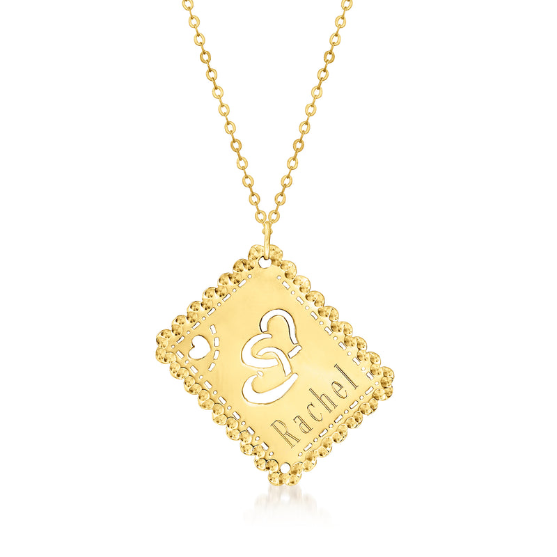 14kt yellow gold personalized love stamp pendant necklace with heart design and initial text