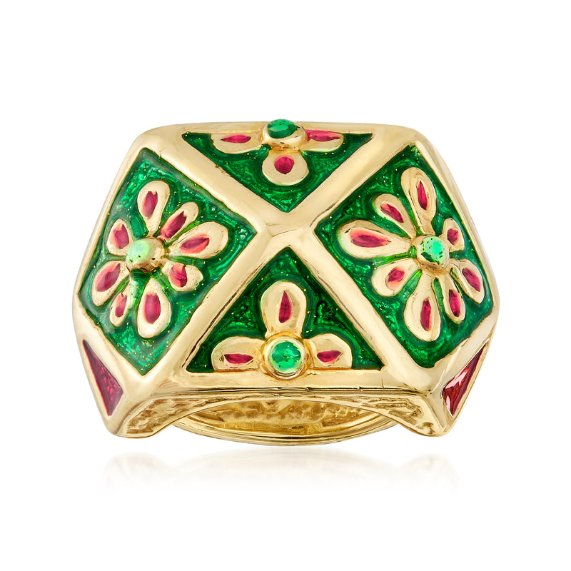 Gold-tone enamel floral ring with green and red flower motifs, square top