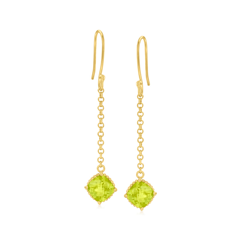 18kt gold over sterling peridot drop earrings with round green gemstone on hook