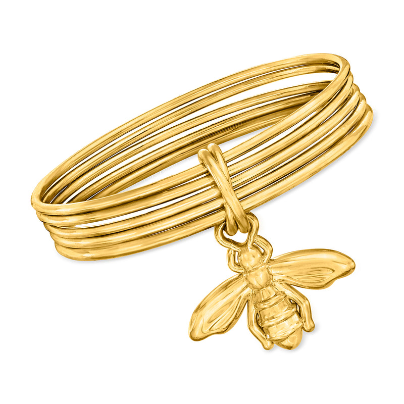 Gold-tone multi-bangle bracelet with bee charm and hinged clasp, resin bumblebee style