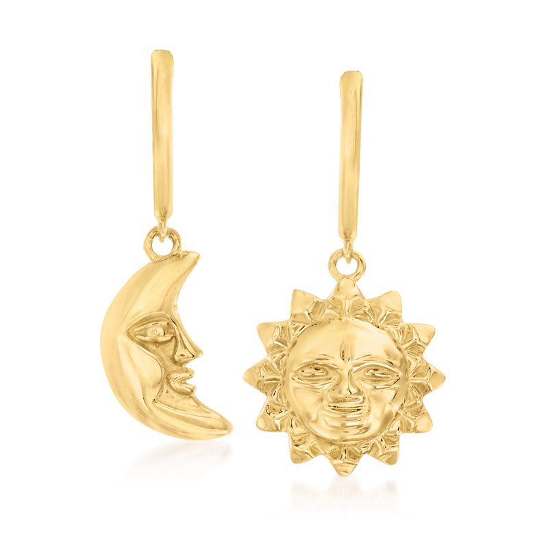 14kt yellow gold hoop drop earrings with moon and sun charms, mismatched pair