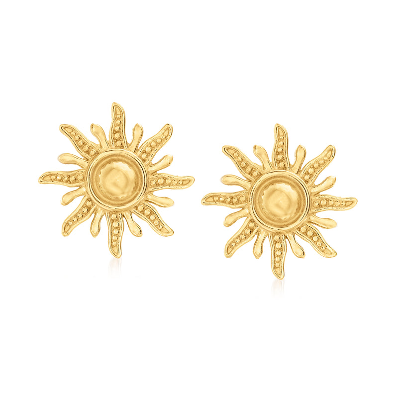 14kt yellow gold sun stud earrings with textured ridged petals and polished center