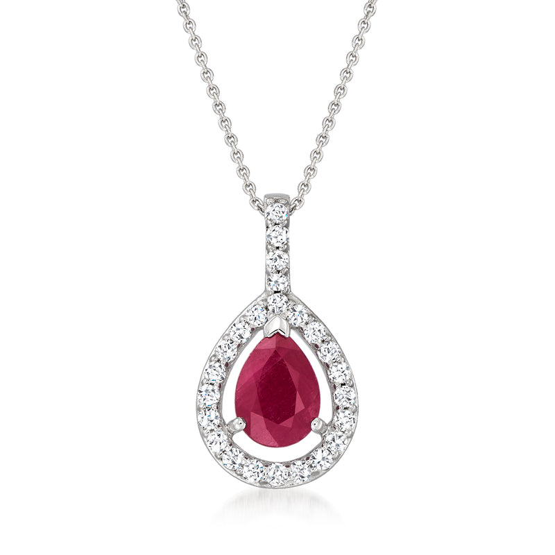 14kt white gold ruby and diamond teardrop pendant necklace with chain