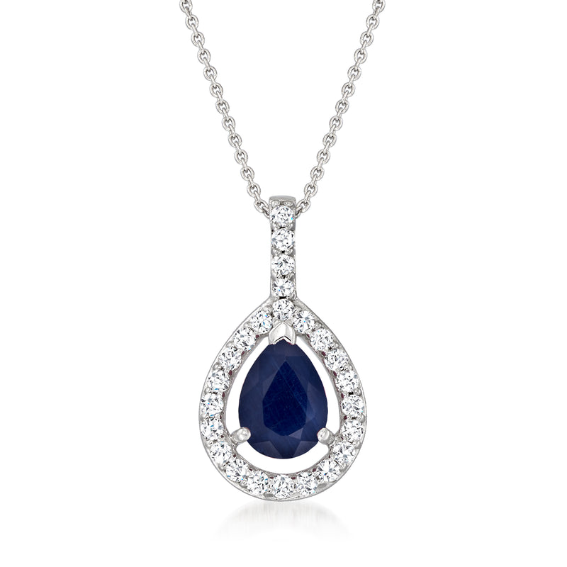14k white gold sapphire and diamond teardrop pendant necklace with halo and chain