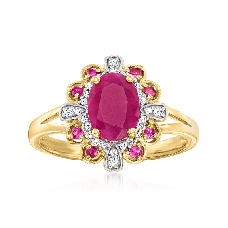 14kt yellow gold ruby and diamond ring with oval pink gemstone center and halo