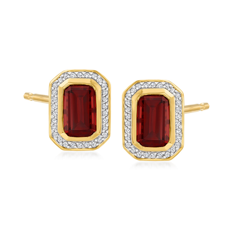 14kt yellow gold garnet and diamond stud earrings, square cushion red gemstone with halo