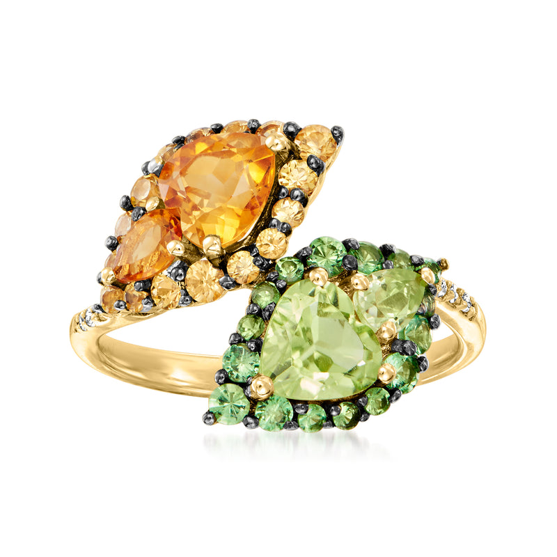 14kt yellow gold bypass ring with oval orange and green gemstones, diamond accents