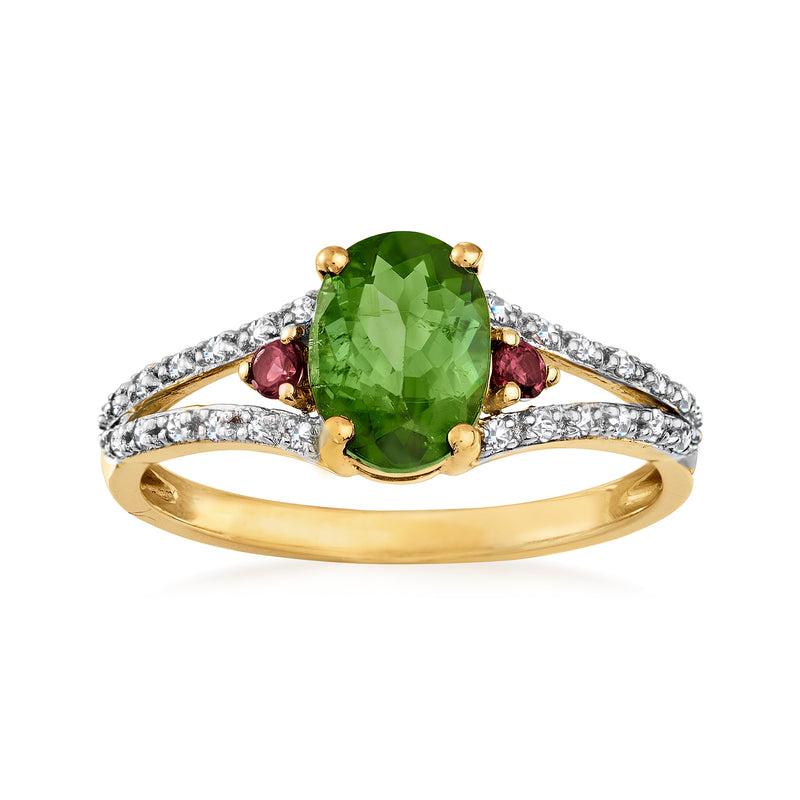 14kt yellow gold ring with oval green tourmaline, diamond accents, and red tourmaline sides