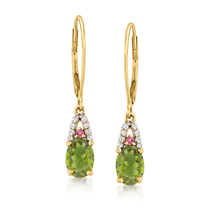 14kt yellow gold leverback drop earrings with green tourmaline, diamond halo, red accents