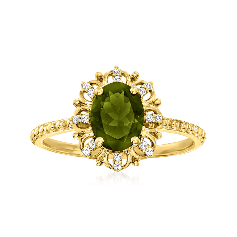 14kt yellow gold tourmaline ring with oval green center stone and diamond halo