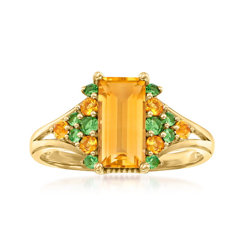 14kt yellow gold ring with rectangular citrine center and green tsavorite side stones