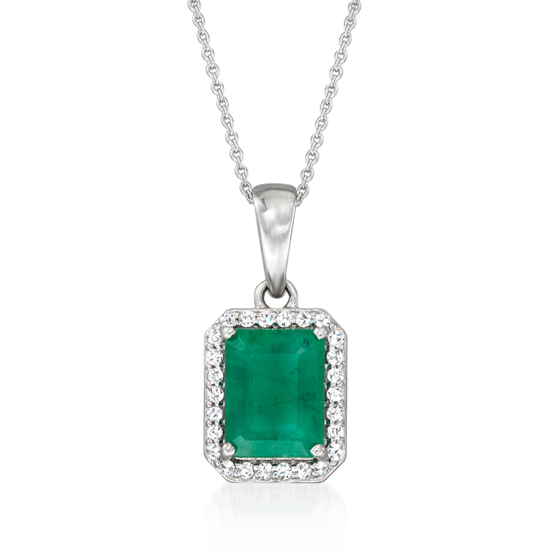 White gold pendant necklace with emerald center and diamond halo, rectangular frame