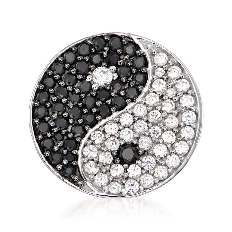 Sterling silver yin-yang ring with black and white round stones, polished band