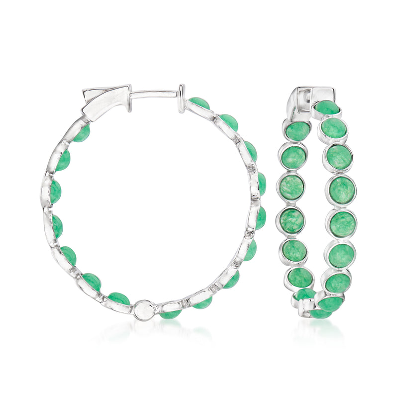 Sterling silver inside-out hoop earrings with green jade stones on outer ring