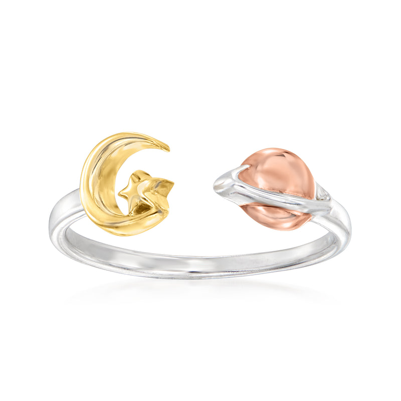 Two-tone sterling silver bypass ring with gold crescent star detail