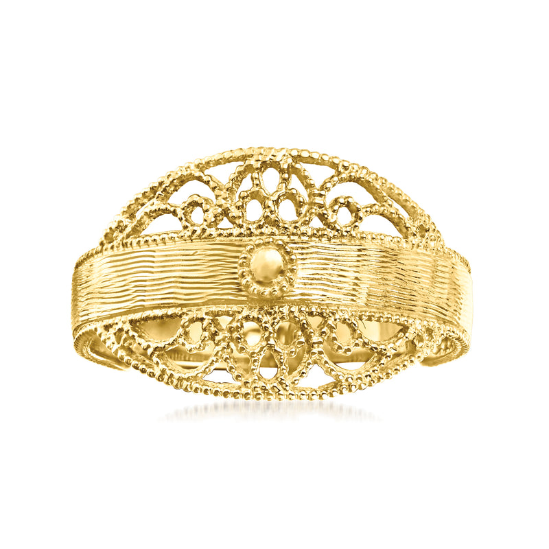 14kt yellow gold openwork oval ring with filigree and ridged band