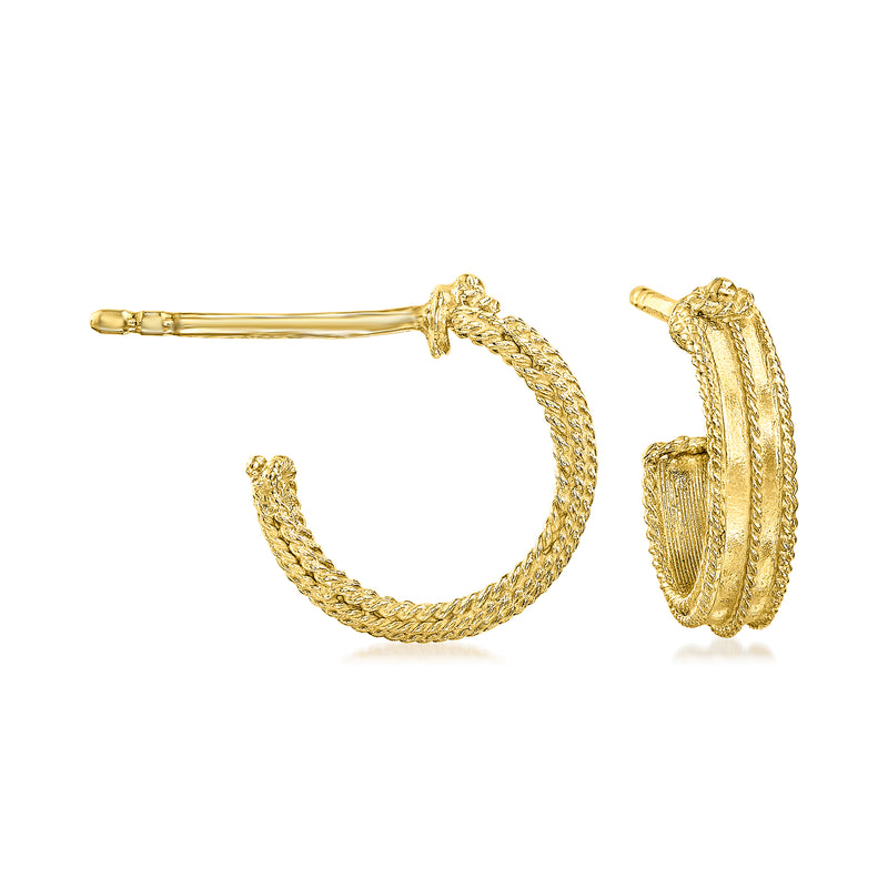 14kt yellow gold rope-edge C-hoop earrings with braided texture, hinged clasp