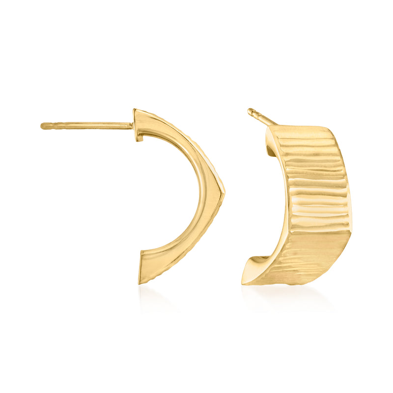 14kt yellow gold angled drop earrings with curved half-hoop design