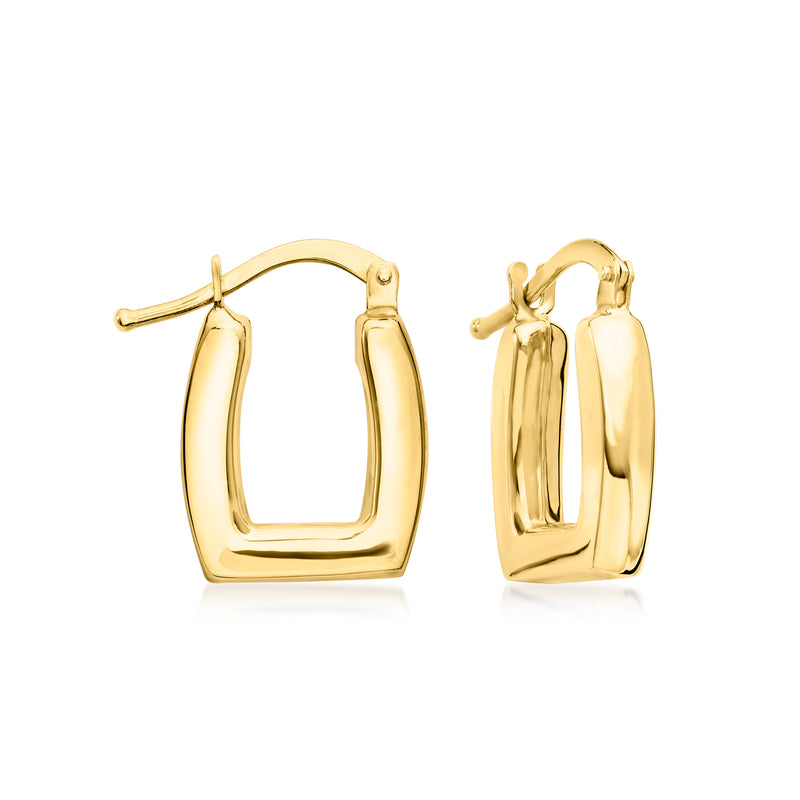 Square yellow gold hoop earrings, hinged with post back, polished 14kt finish
