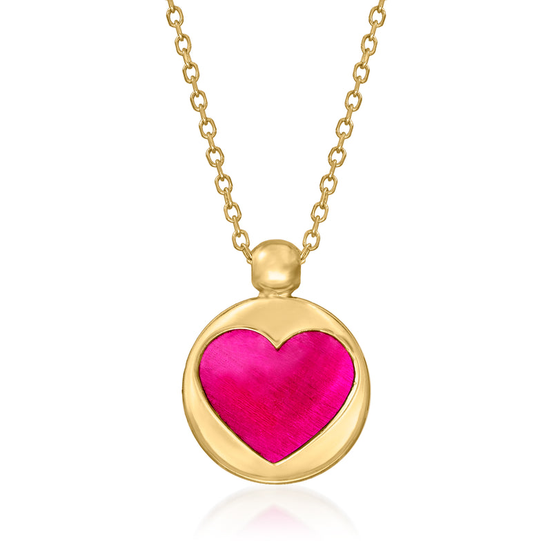 14kt yellow gold pendant necklace with pink enamel heart in round frame