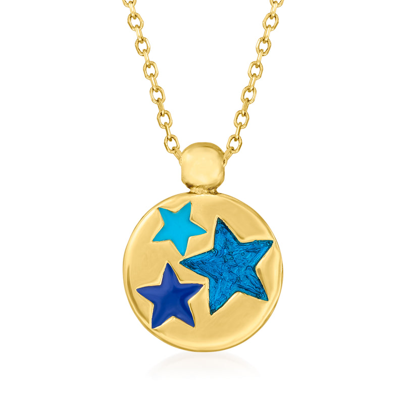 14kt yellow gold pendant necklace with blue enamel star design on round disc