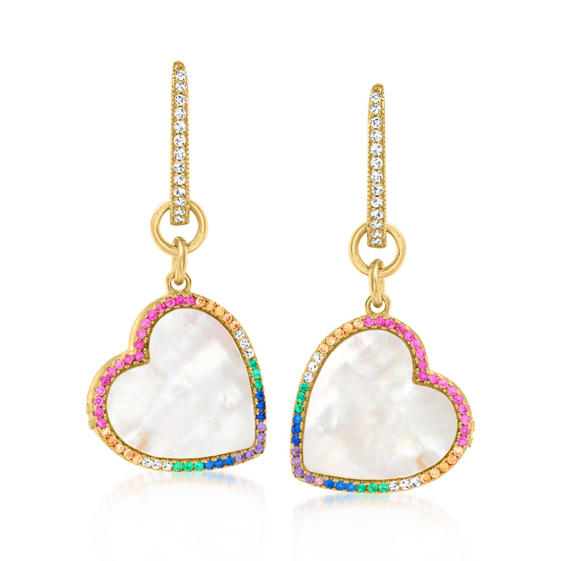 Gold-tone heart drop earrings with mother-of-pearl center and multicolored CZ halo