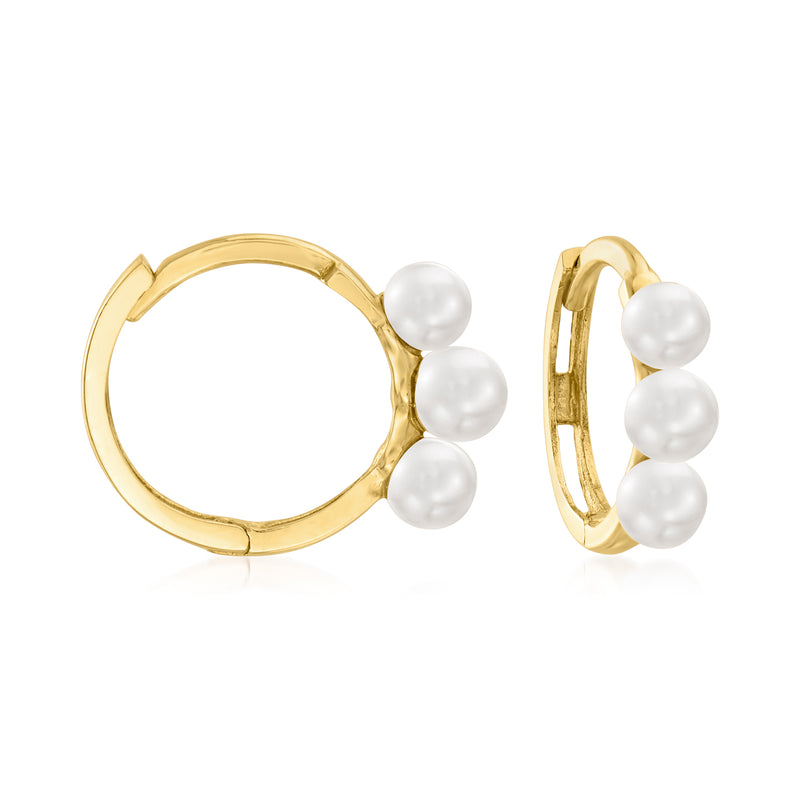 14kt yellow gold huggie hoop earrings with three 3mm cultured pearls