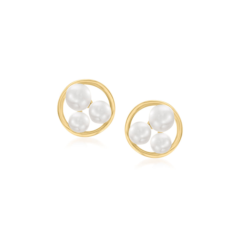 14kt yellow gold trio pearl circle stud earrings with three white pearls in gold ring settings