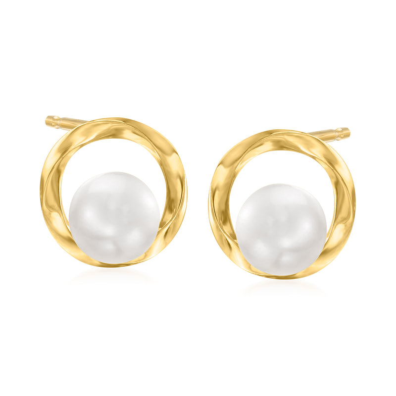 14kt yellow gold circle stud earrings with 6mm cultured pearl centers