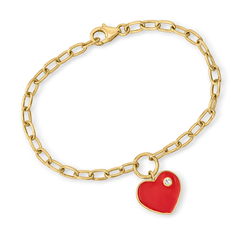 Heart charm bracelet with red enamel and white topaz on 18kt gold over sterling links