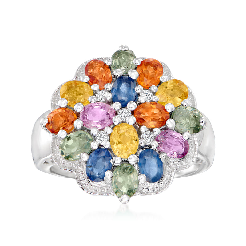 Sterling silver multicolored sapphire cluster ring with diamond accents